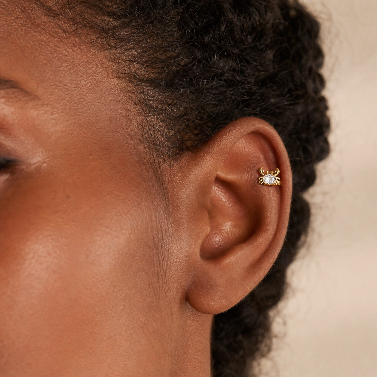 Clear CZ ASTM F136 Titanium Flat Back - Gold, Internally Threaded, 18G, 1.0 x 6+4 mm — wearing view five (P-FB-0053-G01)