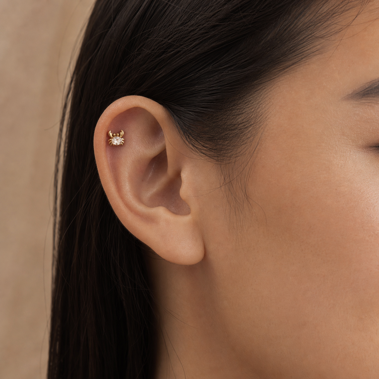 Clear CZ ASTM F136 Titanium Flat Back - Gold, Internally Threaded, 18G, 1.0 x 6+4 mm — wearing view six (P-FB-0053-G01)