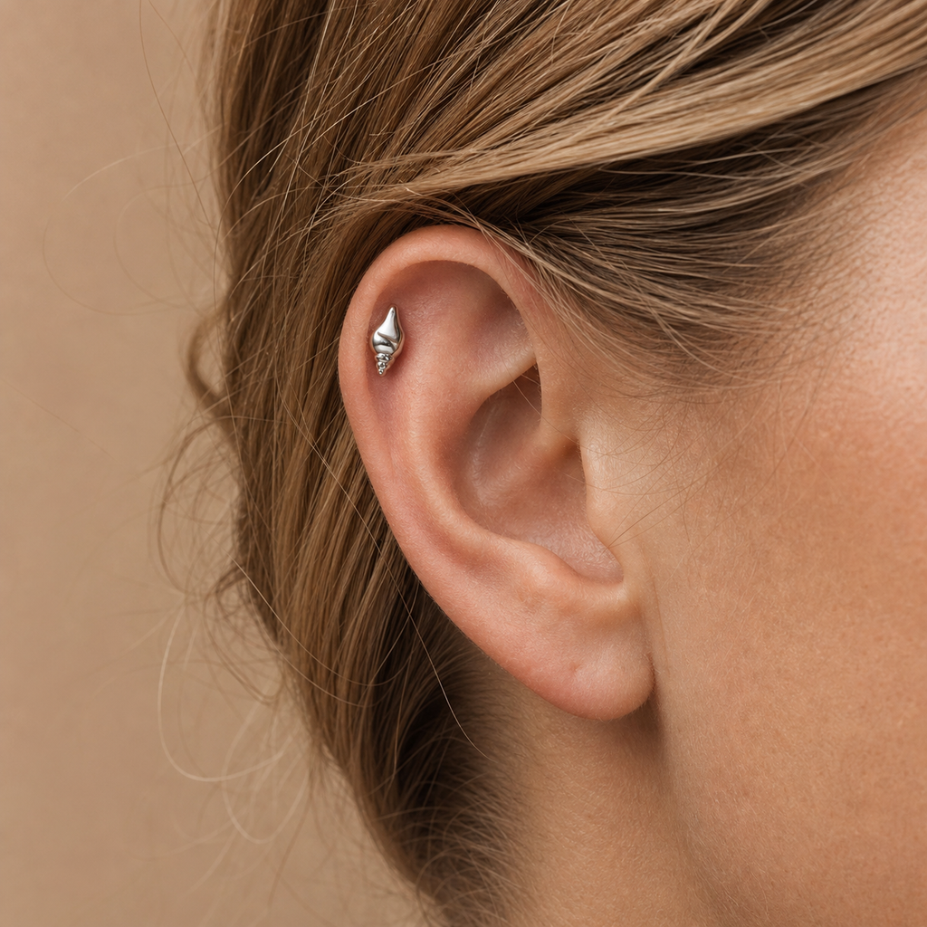 ASTM F136 Titanium Flat Back - Silver, Internally Threaded, 18G, 1.0 x 6+4 mm — wearing view one (P-FB-0054-S01)
