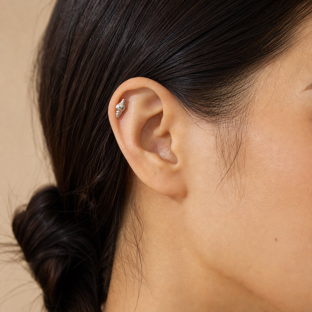 ASTM F136 Titanium Flat Back - Silver, Internally Threaded, 18G, 1.0 x 6+4 mm — wearing view six (P-FB-0054-S01)
