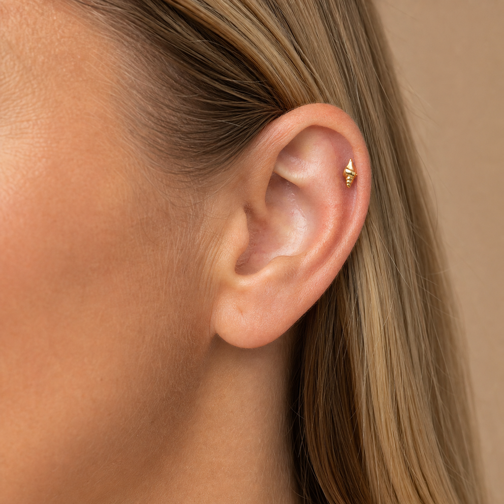 ASTM F136 Titanium Flat Back - Gold, Internally Threaded, 18G, 1.0 x 6+4 mm — wearing view four (P-FB-0055-G01)