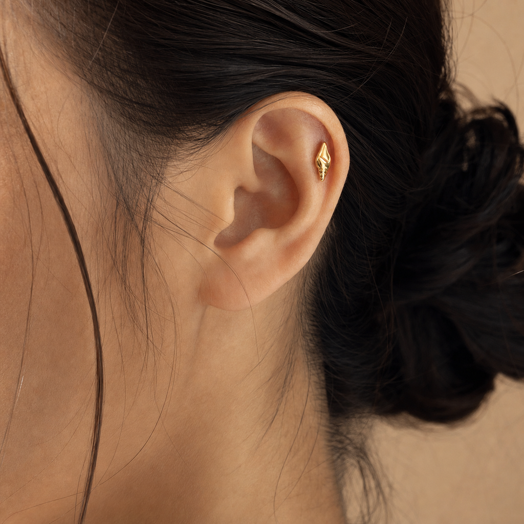ASTM F136 Titanium Flat Back - Gold, Internally Threaded, 18G, 1.0 x 6+4 mm — wearing view three (P-FB-0055-G01)