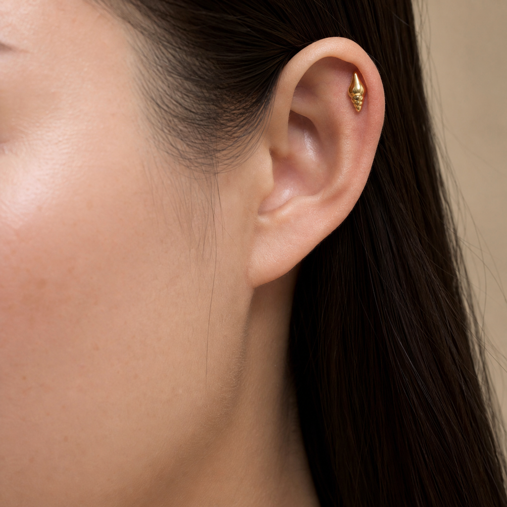 ASTM F136 Titanium Flat Back - Gold, Internally Threaded, 18G, 1.0 x 6+4 mm — wearing view six (P-FB-0055-G01)
