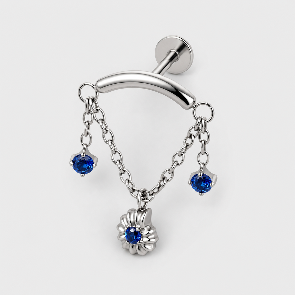 Navy Blue CZ ASTM F136 Titanium Flat Back - Silver, Internally Threaded, 18G, 1.0 x 6+4 mm — primary product image (P-FB-0056-S01)