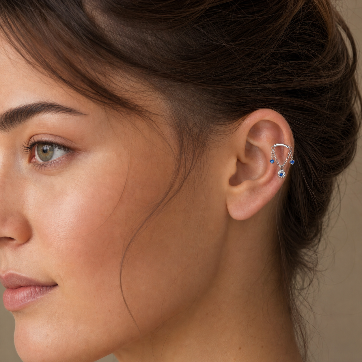Navy Blue CZ ASTM F136 Titanium Flat Back - Silver, Internally Threaded, 18G, 1.0 x 6+4 mm — wearing view four (P-FB-0056-S01)