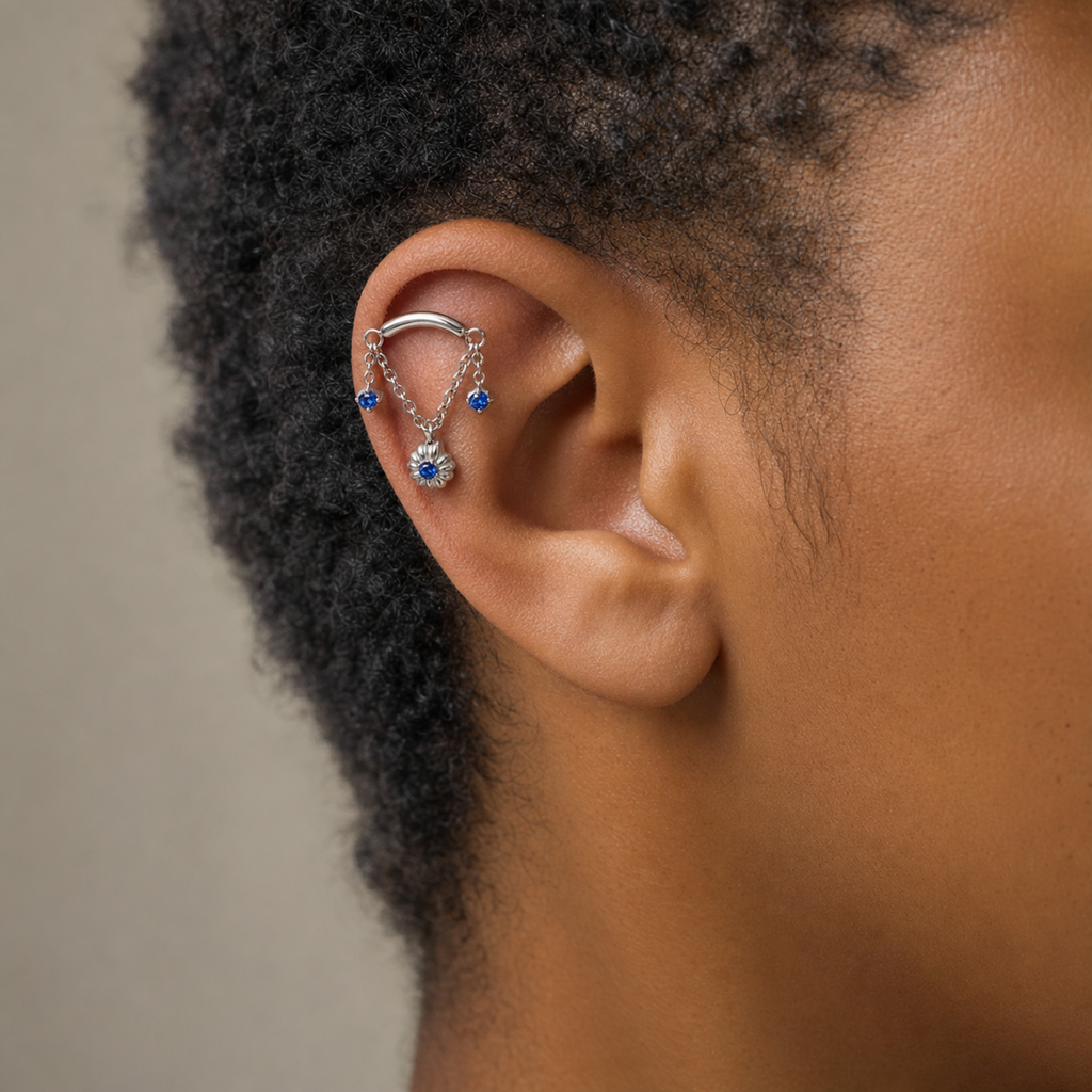 Navy Blue CZ ASTM F136 Titanium Flat Back - Silver, Internally Threaded, 18G, 1.0 x 6+4 mm — wearing view two (P-FB-0056-S01)