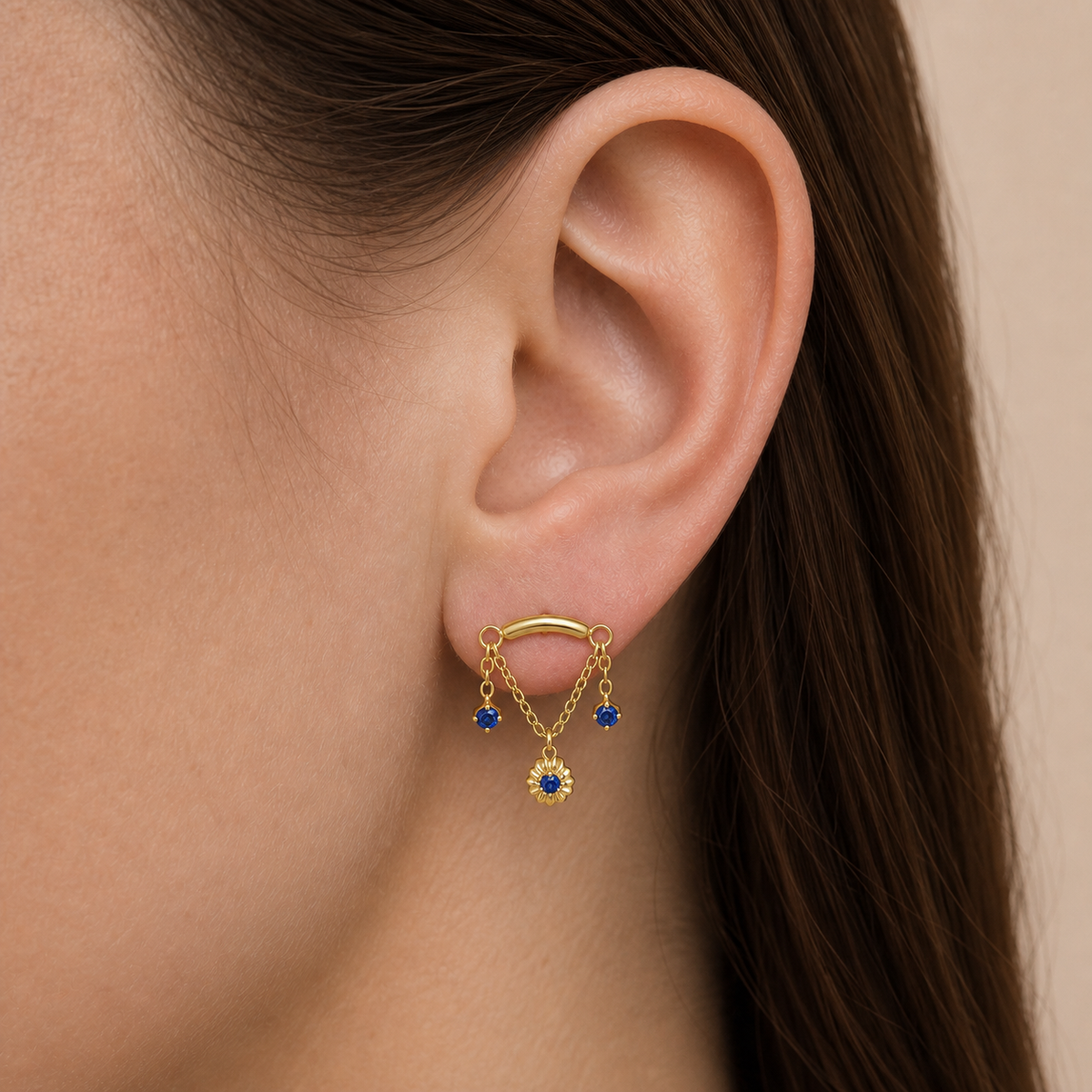 Navy Blue CZ ASTM F136 Titanium Flat Back - Gold, Internally Threaded, 18G, 1.0 x 6+4 mm — wearing view two (P-FB-0057-G01)