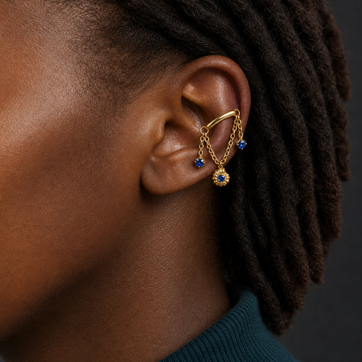Navy Blue CZ ASTM F136 Titanium Flat Back - Gold, Internally Threaded, 18G, 1.0 x 6+4 mm — wearing view two (P-FB-0057-G01)