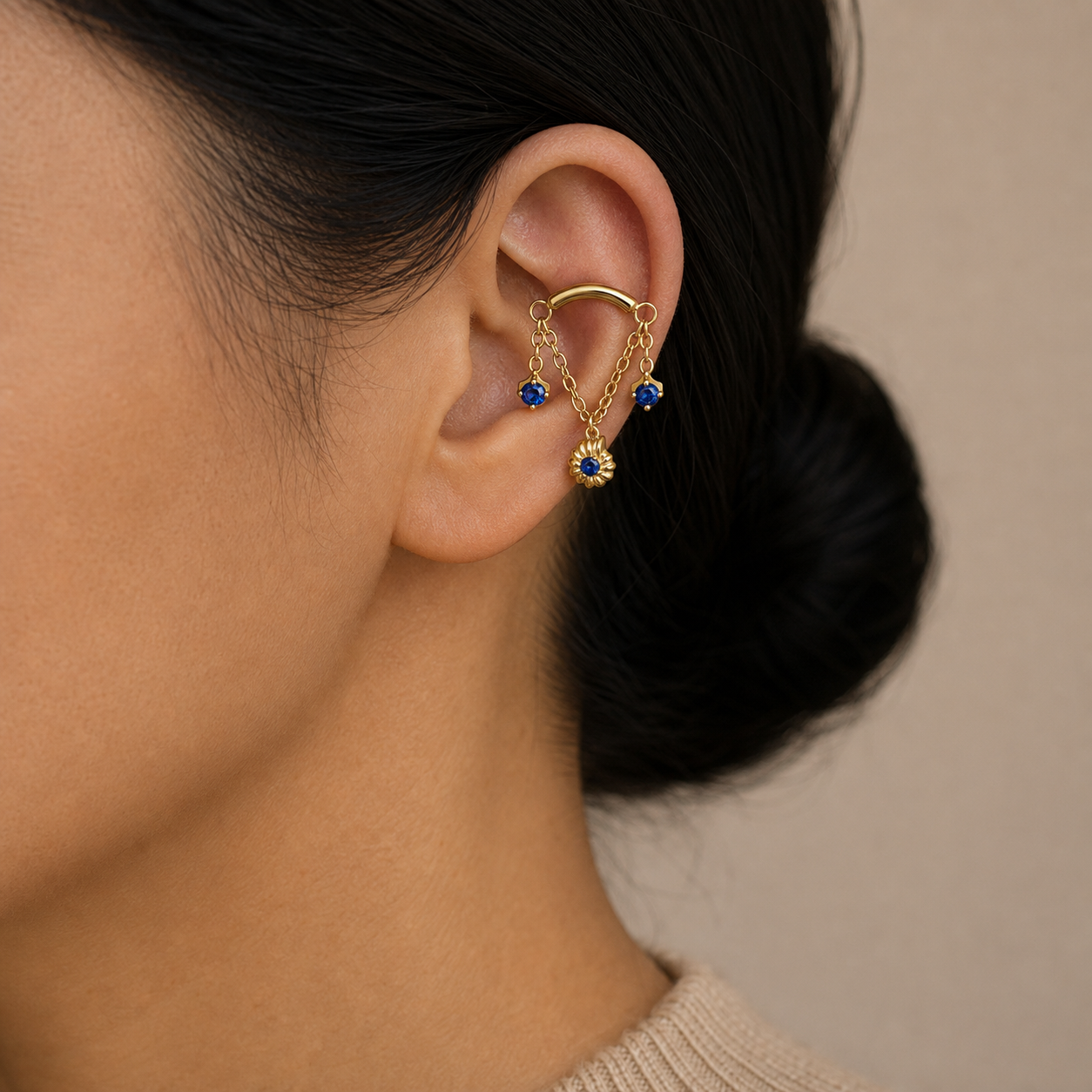 Navy Blue CZ ASTM F136 Titanium Flat Back - Gold, Internally Threaded, 18G, 1.0 x 6+4 mm — wearing view three (P-FB-0057-G01)