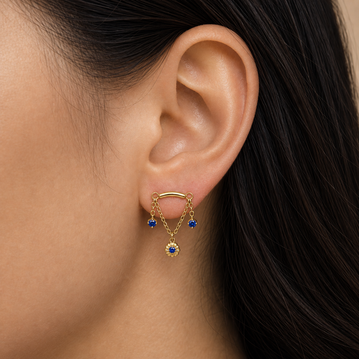 Navy Blue CZ ASTM F136 Titanium Flat Back - Gold, Internally Threaded, 18G, 1.0 x 6+4 mm — wearing view four (P-FB-0057-G01)