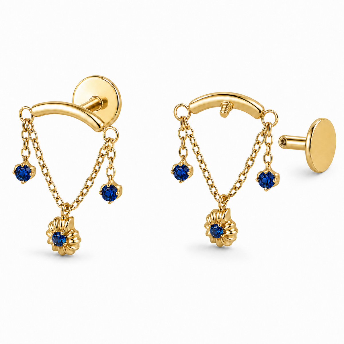 Navy Blue CZ ASTM F136 Titanium Flat Back - Gold, Internally Threaded, 18G, 1.0 x 6+4 mm — product detail views (P-FB-0057-G01)