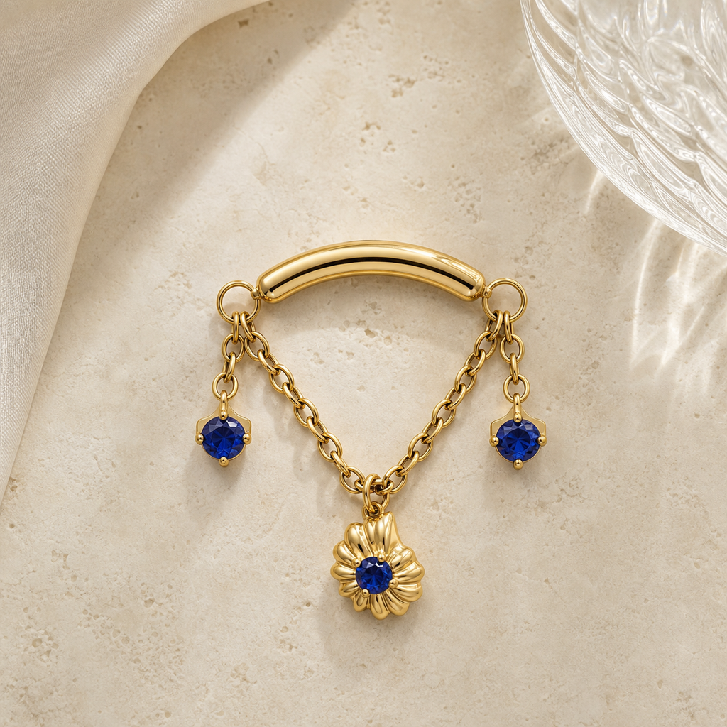 Navy Blue CZ ASTM F136 Titanium Flat Back - Gold, Internally Threaded, 18G, 1.0 x 6+4 mm — styled flat lay (P-FB-0057-G01)