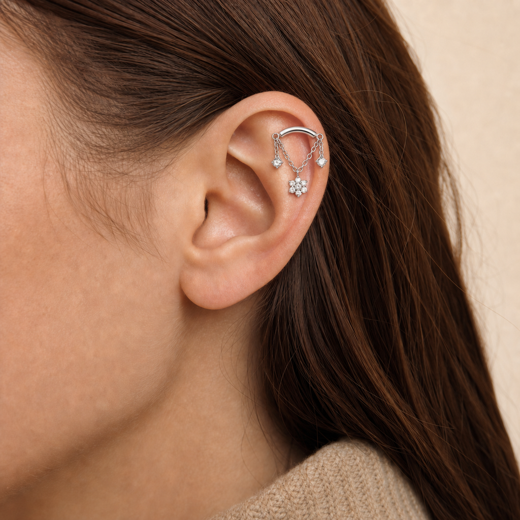Clear CZ ASTM F136 Titanium Flat Back - Silver, Internally Threaded, 16G, 1.2 x 8+4 mm — wearing view one (P-FB-0058-S01)