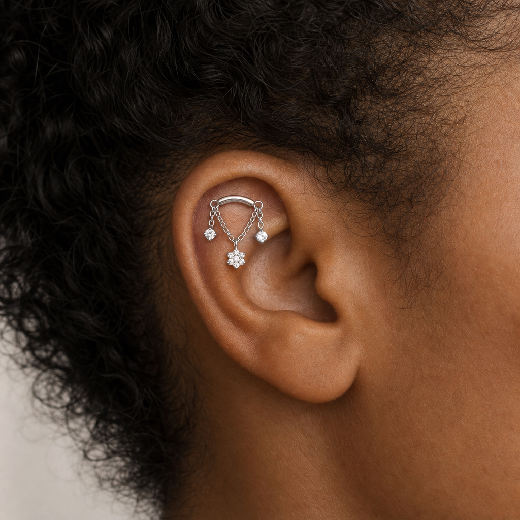 Clear CZ ASTM F136 Titanium Flat Back - Silver, Internally Threaded, 16G, 1.2 x 8+4 mm — wearing view two (P-FB-0058-S01)