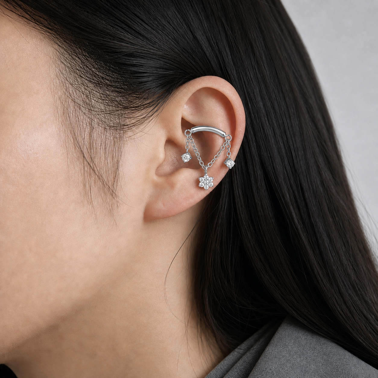 Clear CZ ASTM F136 Titanium Flat Back - Silver, Internally Threaded, 16G, 1.2 x 8+4 mm — wearing view three (P-FB-0058-S01)