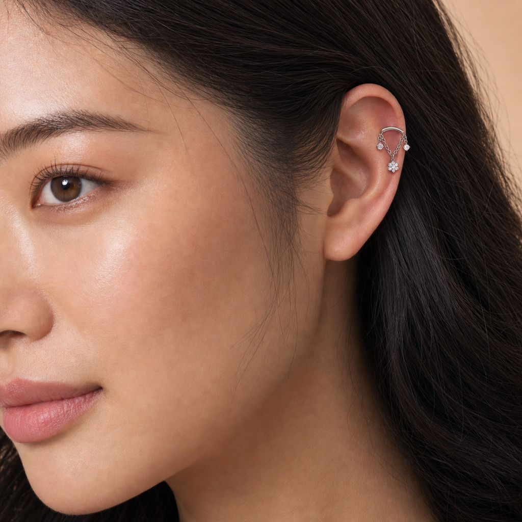 Clear CZ ASTM F136 Titanium Flat Back - Silver, Internally Threaded, 16G, 1.2 x 8+4 mm — wearing view six (P-FB-0058-S01)