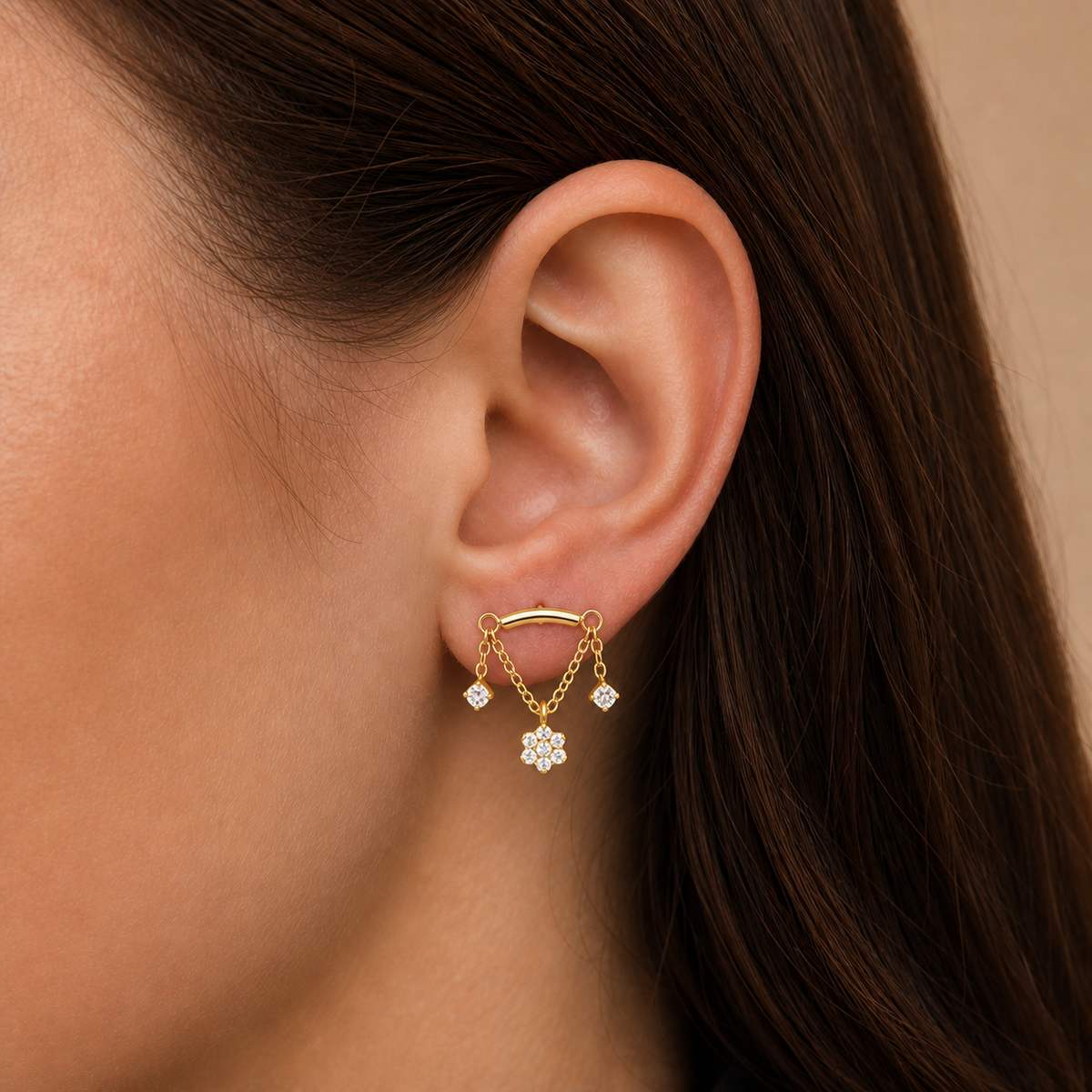 Clear CZ ASTM F136 Titanium Flat Back - Gold, Internally Threaded, 16G, 1.2 x 8+4 mm — wearing view two (P-FB-0059-G01)