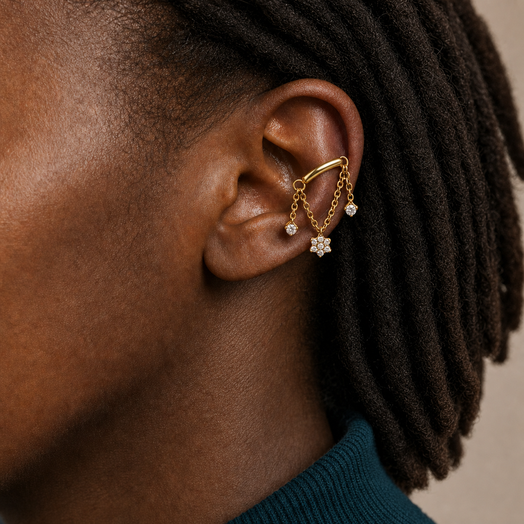 Clear CZ ASTM F136 Titanium Flat Back - Gold, Internally Threaded, 16G, 1.2 x 8+4 mm — wearing view two (P-FB-0059-G01)