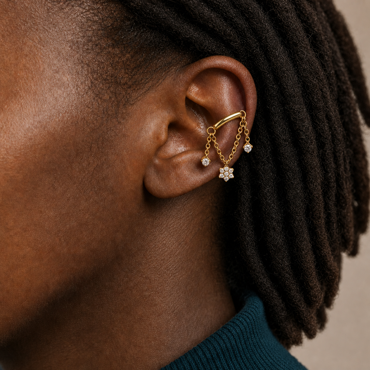 Clear CZ ASTM F136 Titanium Flat Back - Gold, Internally Threaded, 16G, 1.2 x 8+4 mm — wearing view two (P-FB-0059-G01)