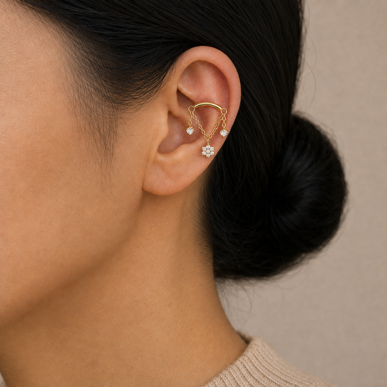 Clear CZ ASTM F136 Titanium Flat Back - Gold, Internally Threaded, 16G, 1.2 x 8+4 mm — wearing view three (P-FB-0059-G01)