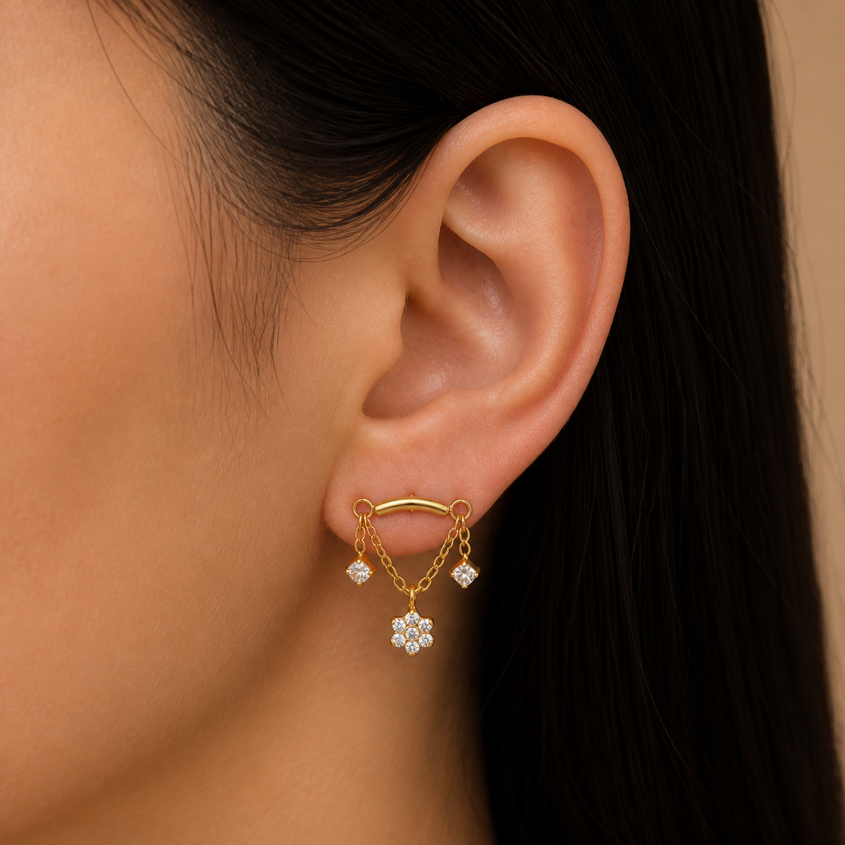 Clear CZ ASTM F136 Titanium Flat Back - Gold, Internally Threaded, 16G, 1.2 x 8+4 mm — wearing view four (P-FB-0059-G01)