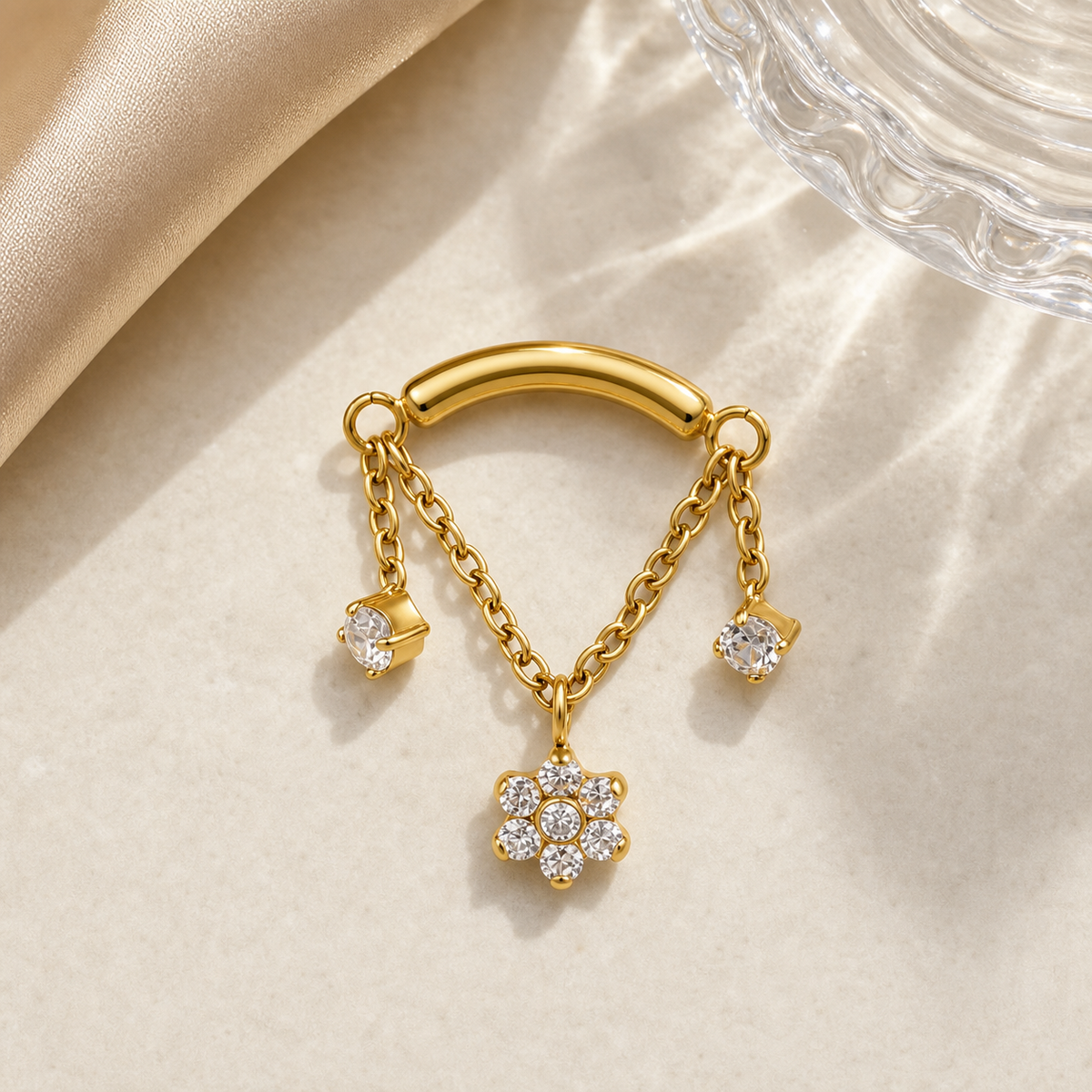 Clear CZ ASTM F136 Titanium Flat Back - Gold, Internally Threaded, 16G, 1.2 x 8+4 mm — styled flat lay (P-FB-0059-G01)