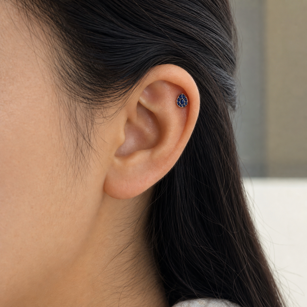 ASTM F136 Titanium Flat Back - Silver, Threadless, 16G, 1.2 x 6+4 mm — wearing view three (P-FB-0060-S01)