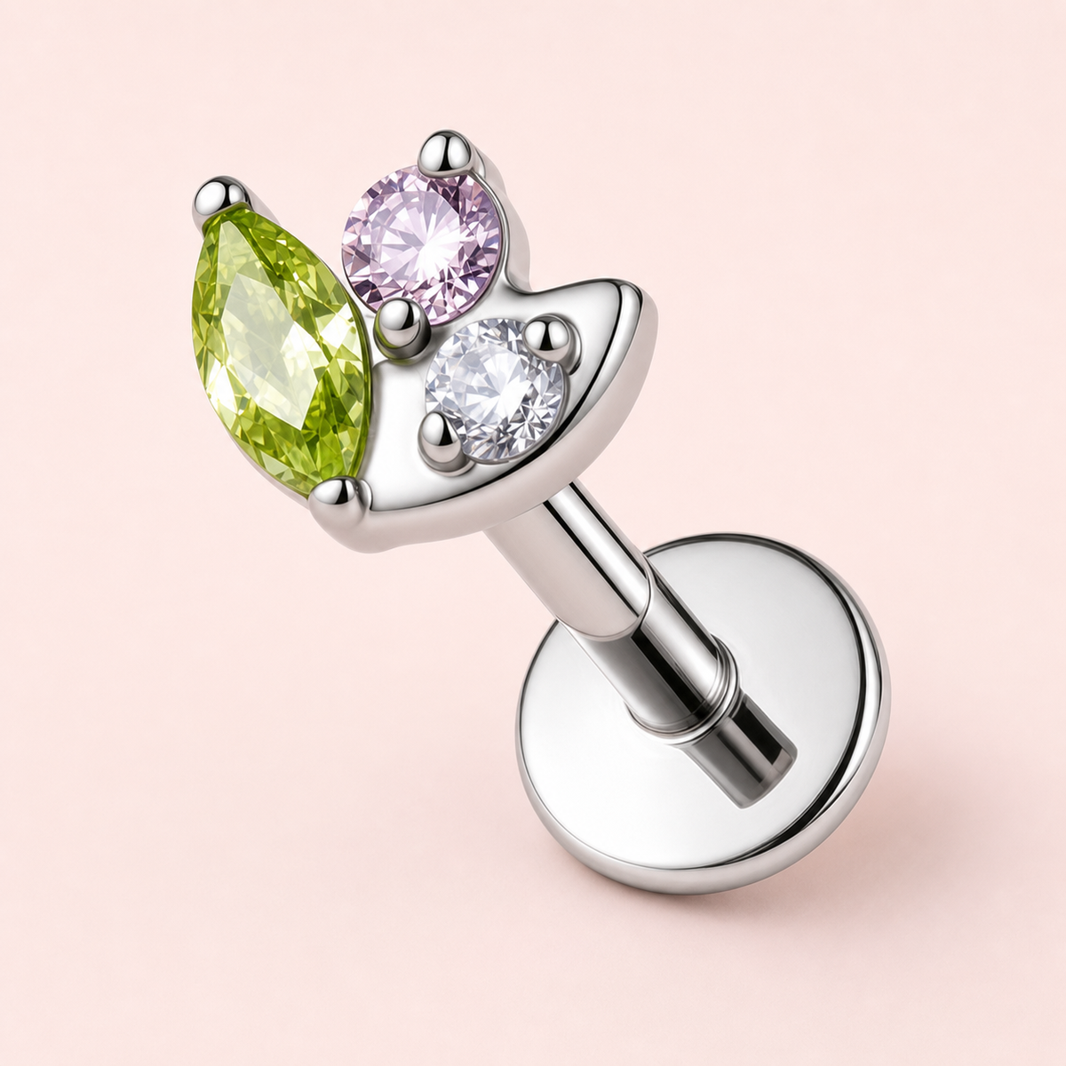 Green+Pink+CLCZ ASTM F136 Titanium Flat Back - Silver, Threadless, 18G, 1.0 x 6+4 mm — primary product image (P-FB-0062-S01)
