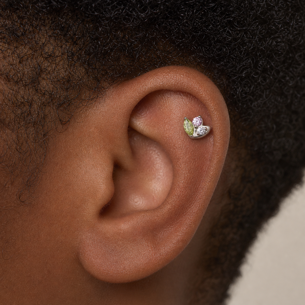 Green+Pink+CLCZ ASTM F136 Titanium Flat Back - Silver, Threadless, 18G, 1.0 x 6+4 mm — wearing view two (P-FB-0062-S01)