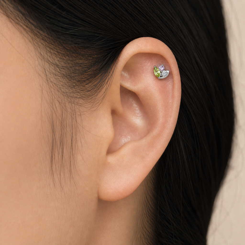 Green+Pink+CLCZ ASTM F136 Titanium Flat Back - Silver, Threadless, 18G, 1.0 x 6+4 mm — wearing view three (P-FB-0062-S01)