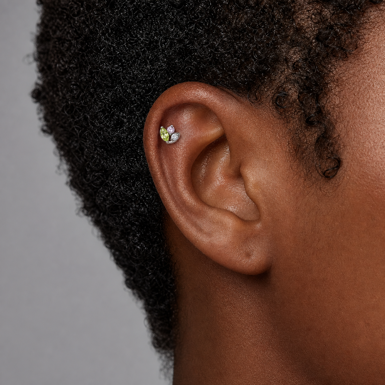 Green+Pink+CLCZ ASTM F136 Titanium Flat Back - Silver, Threadless, 18G, 1.0 x 6+4 mm — wearing view five (P-FB-0062-S01)