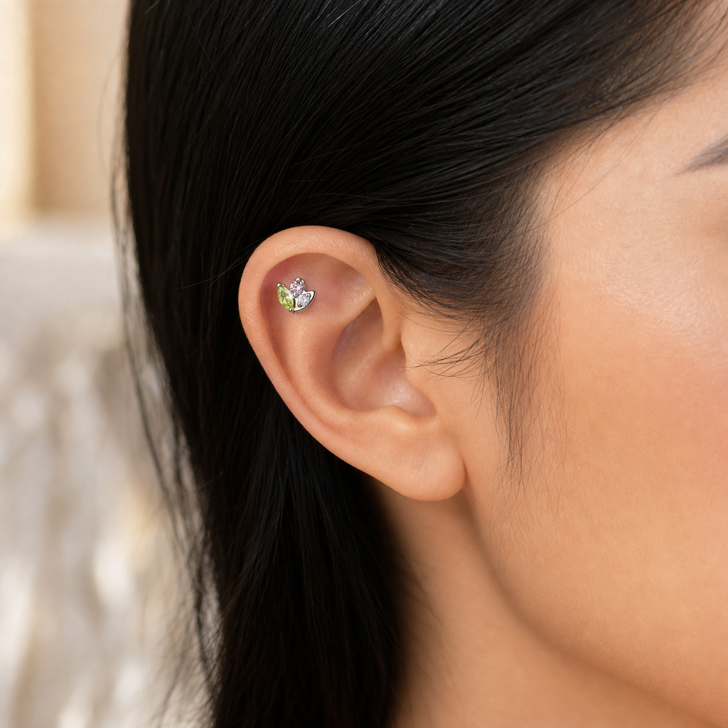 Green+Pink+CLCZ ASTM F136 Titanium Flat Back - Silver, Threadless, 18G, 1.0 x 6+4 mm — wearing view six (P-FB-0062-S01)