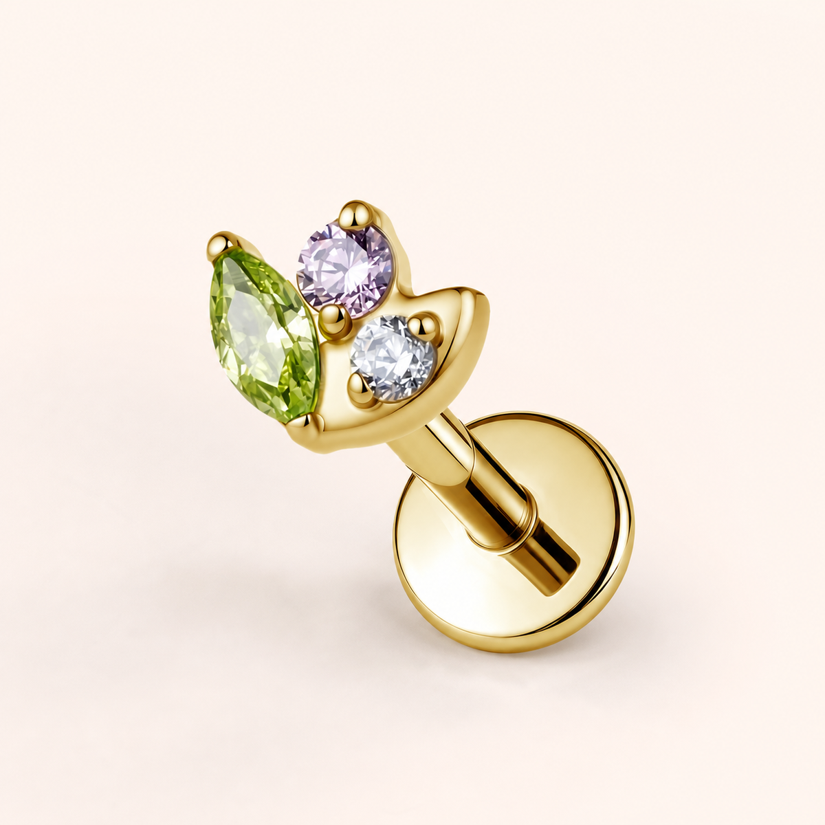Green+Pink+CLCZ ASTM F136 Titanium Flat Back - Gold, Threadless, 18G, 1.0 x 6+4 mm — primary product image (P-FB-0063-G01)