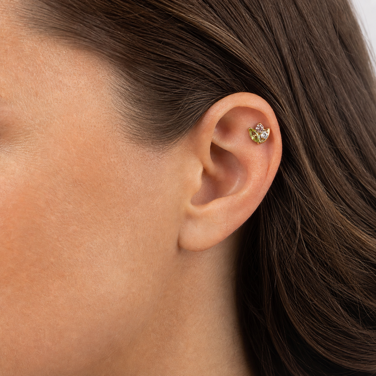 Green+Pink+CLCZ ASTM F136 Titanium Flat Back - Gold, Threadless, 18G, 1.0 x 6+4 mm — wearing view one (P-FB-0063-G01)