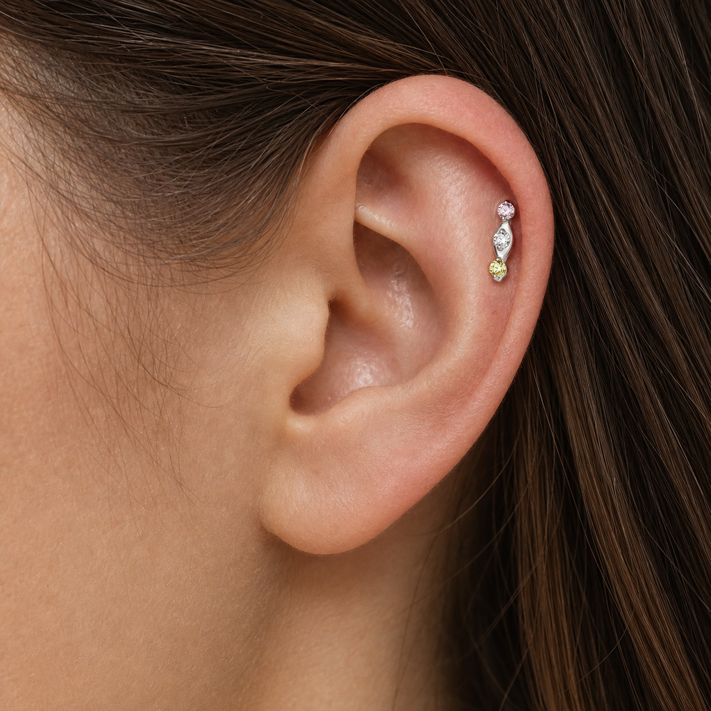Green+Pink+CLCZ ASTM F136 Titanium Flat Back - Silver, Threadless, 18G, 1.0 x 6+4 mm — wearing view four (P-FB-0064-S01)