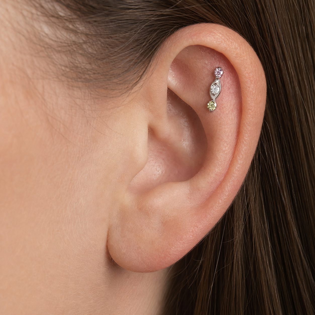 Green+Pink+CLCZ ASTM F136 Titanium Flat Back - Silver, Threadless, 18G, 1.0 x 6+4 mm — wearing view one (P-FB-0064-S01)