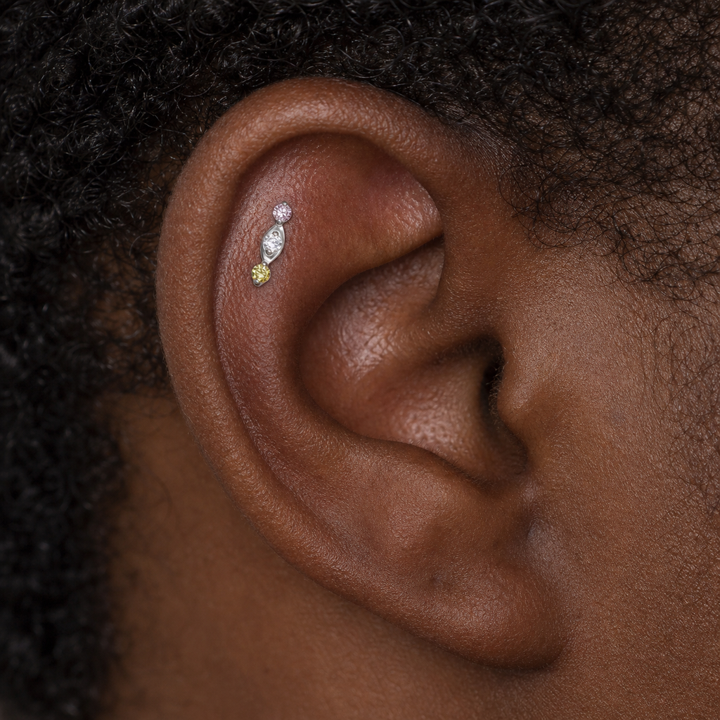 Green+Pink+CLCZ ASTM F136 Titanium Flat Back - Silver, Threadless, 18G, 1.0 x 6+4 mm — wearing view two (P-FB-0064-S01)