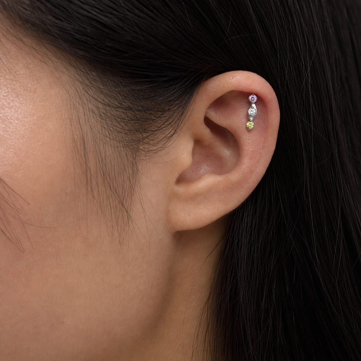 Green+Pink+CLCZ ASTM F136 Titanium Flat Back - Silver, Threadless, 18G, 1.0 x 6+4 mm — wearing view three (P-FB-0064-S01)