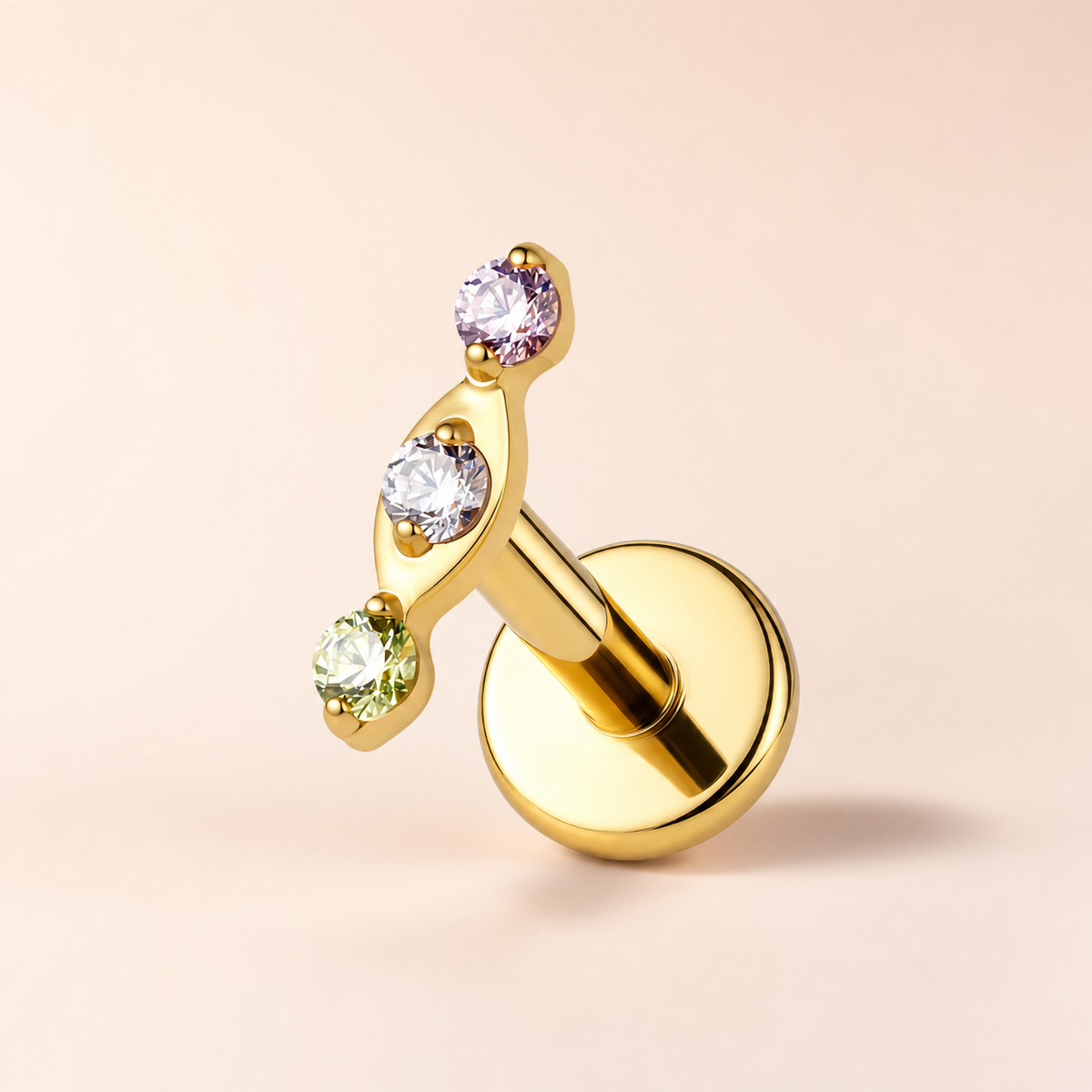 Green+Pink+CLCZ ASTM F136 Titanium Flat Back - Gold, Threadless, 18G, 1.0 x 6+4 mm — primary product image (P-FB-0065-G01)