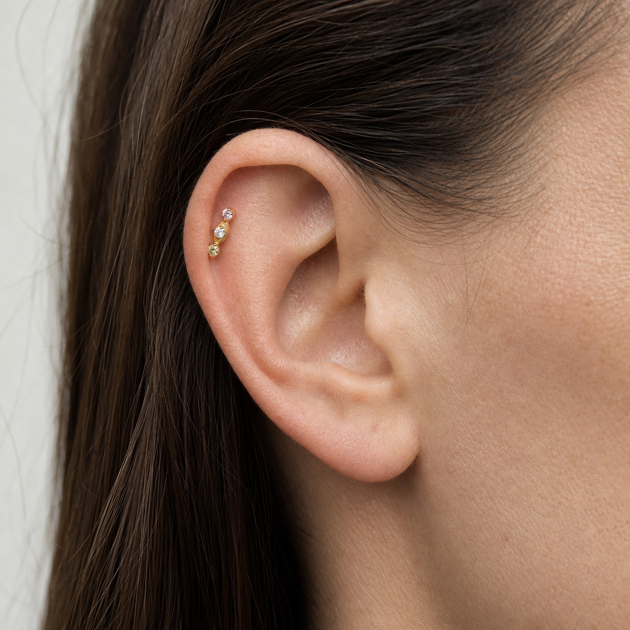 Green+Pink+CLCZ ASTM F136 Titanium Flat Back - Gold, Threadless, 18G, 1.0 x 6+4 mm — wearing view four (P-FB-0065-G01)