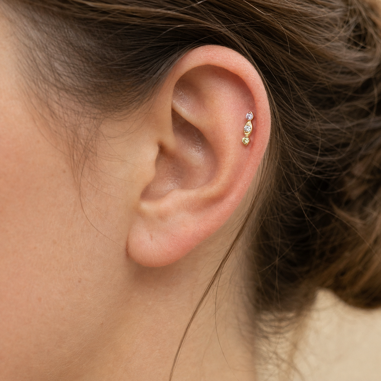 Green+Pink+CLCZ ASTM F136 Titanium Flat Back - Gold, Threadless, 18G, 1.0 x 6+4 mm — wearing view one (P-FB-0065-G01)