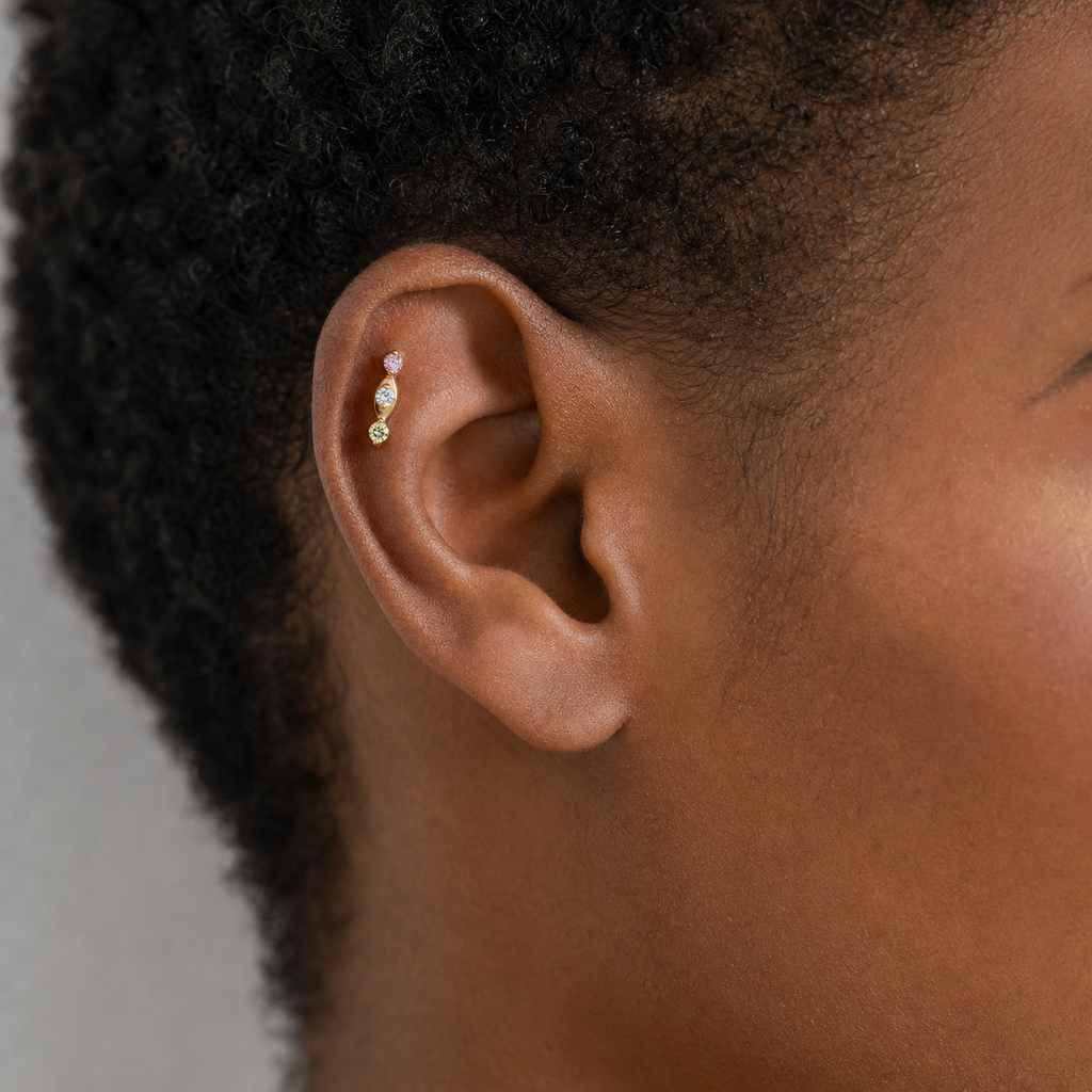 Green+Pink+CLCZ ASTM F136 Titanium Flat Back - Gold, Threadless, 18G, 1.0 x 6+4 mm — wearing view two (P-FB-0065-G01)