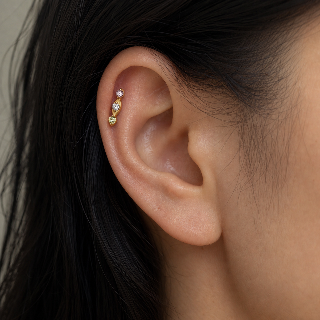 Green+Pink+CLCZ ASTM F136 Titanium Flat Back - Gold, Threadless, 18G, 1.0 x 6+4 mm — wearing view three (P-FB-0065-G01)