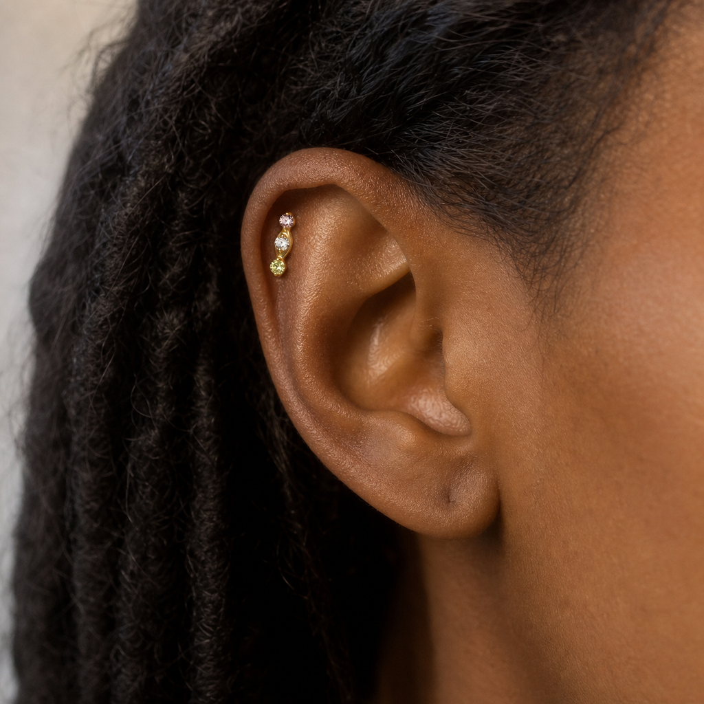 Green+Pink+CLCZ ASTM F136 Titanium Flat Back - Gold, Threadless, 18G, 1.0 x 6+4 mm — wearing view five (P-FB-0065-G01)