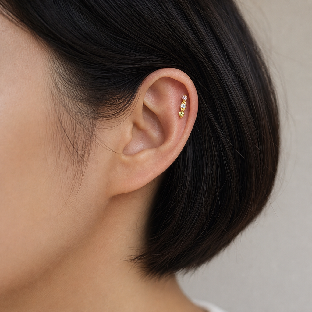 Green+Pink+CLCZ ASTM F136 Titanium Flat Back - Gold, Threadless, 18G, 1.0 x 6+4 mm — wearing view six (P-FB-0065-G01)