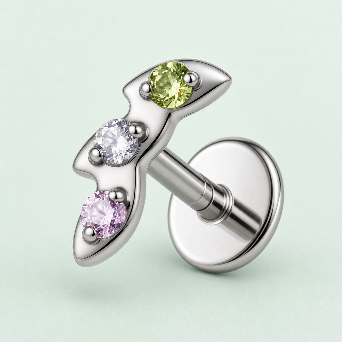 Green+Pink+CLCZ ASTM F136 Titanium Flat Back - Silver, Internally Threaded, 16G, 1.2 x 8+4 mm — primary product image (P-FB-0066-S01)