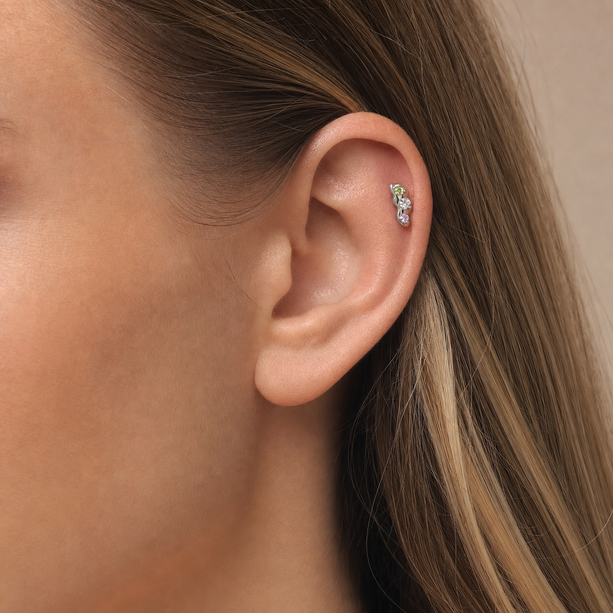 Green+Pink+CLCZ ASTM F136 Titanium Flat Back - Silver, Internally Threaded, 16G, 1.2 x 8+4 mm — wearing view four (P-FB-0066-S01)