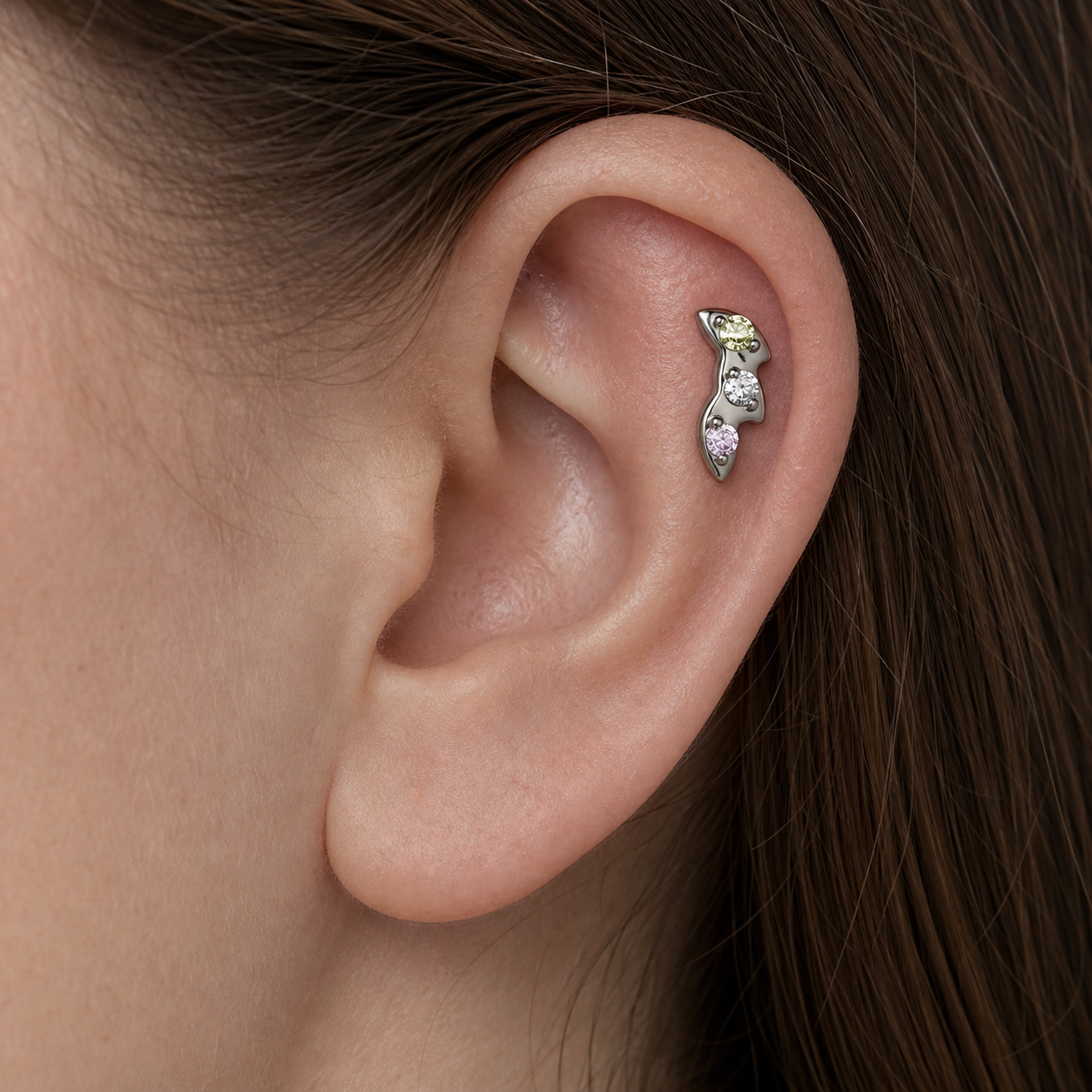 Green+Pink+CLCZ ASTM F136 Titanium Flat Back - Silver, Internally Threaded, 16G, 1.2 x 8+4 mm — wearing view one (P-FB-0066-S01)