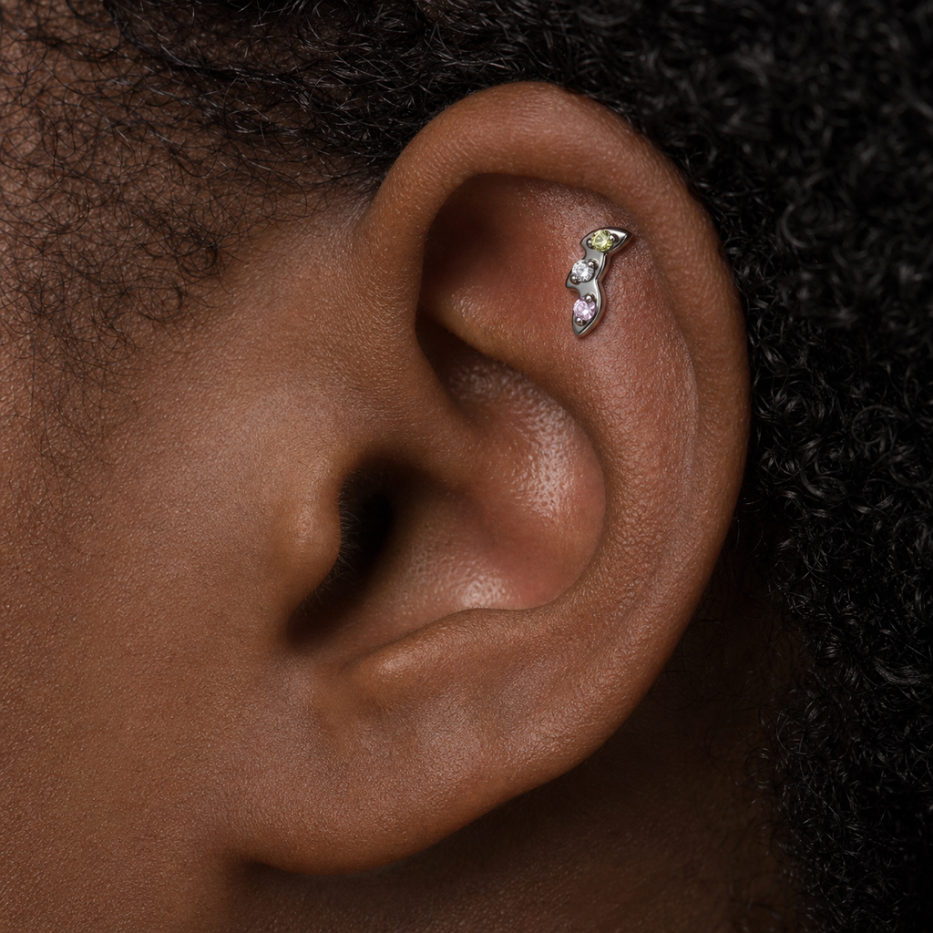 Green+Pink+CLCZ ASTM F136 Titanium Flat Back - Silver, Internally Threaded, 16G, 1.2 x 8+4 mm — wearing view two (P-FB-0066-S01)