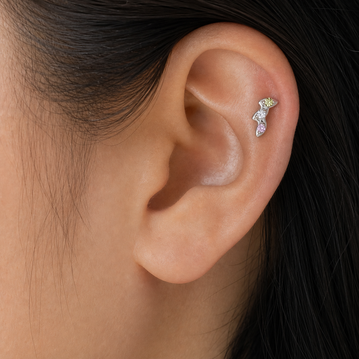 Green+Pink+CLCZ ASTM F136 Titanium Flat Back - Silver, Internally Threaded, 16G, 1.2 x 8+4 mm — wearing view three (P-FB-0066-S01)